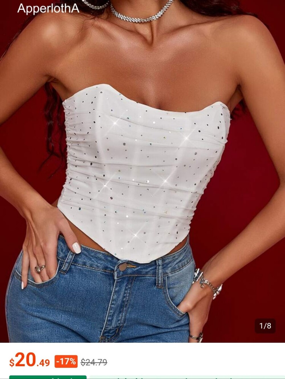SHEIN White Sparkle Rhinestone Strapless Crop Top Never worn